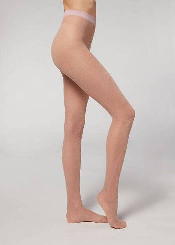 Dámské Punčochové Kalhoty Calzedonia Glitter Chevron-Motif Micronet Růžové | CZ3085BC