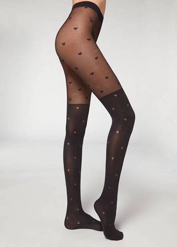 Dámské Punčochové Kalhoty Calzedonia Longuette-Effect Mini Heart-Motif Patterned Černé | CZ3080EX
