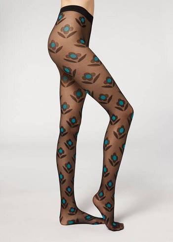 Dámské Punčochové Kalhoty Calzedonia Macro Daisy Micronet Patterned Černé Blankyt | CZ3078TV
